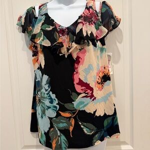 Ivy Rd Floral Ruffle cold shoulder Sleeve Top - Black Multi size medium.